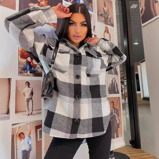 Damen Karierte overshirt mit weichem Fleece und Druckknopfverschluss Fudus