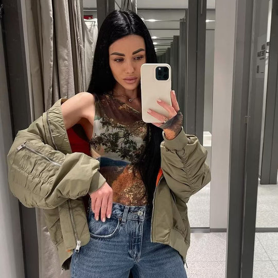 Damen lässige Bomberjacke mit elastischen Bündchen und praktischen Taschen Fudus