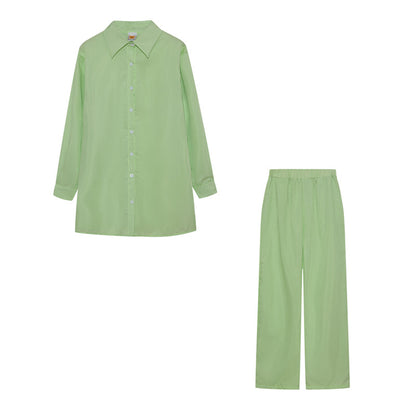 Damen Satin Pyjama Set mit langärmliger Bluse und weiten Hosen Fudus