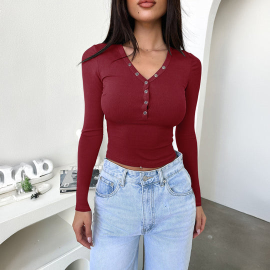 Damen Langärmliges V-Ausschnitt Shirt mit Knopfdetails Fudus