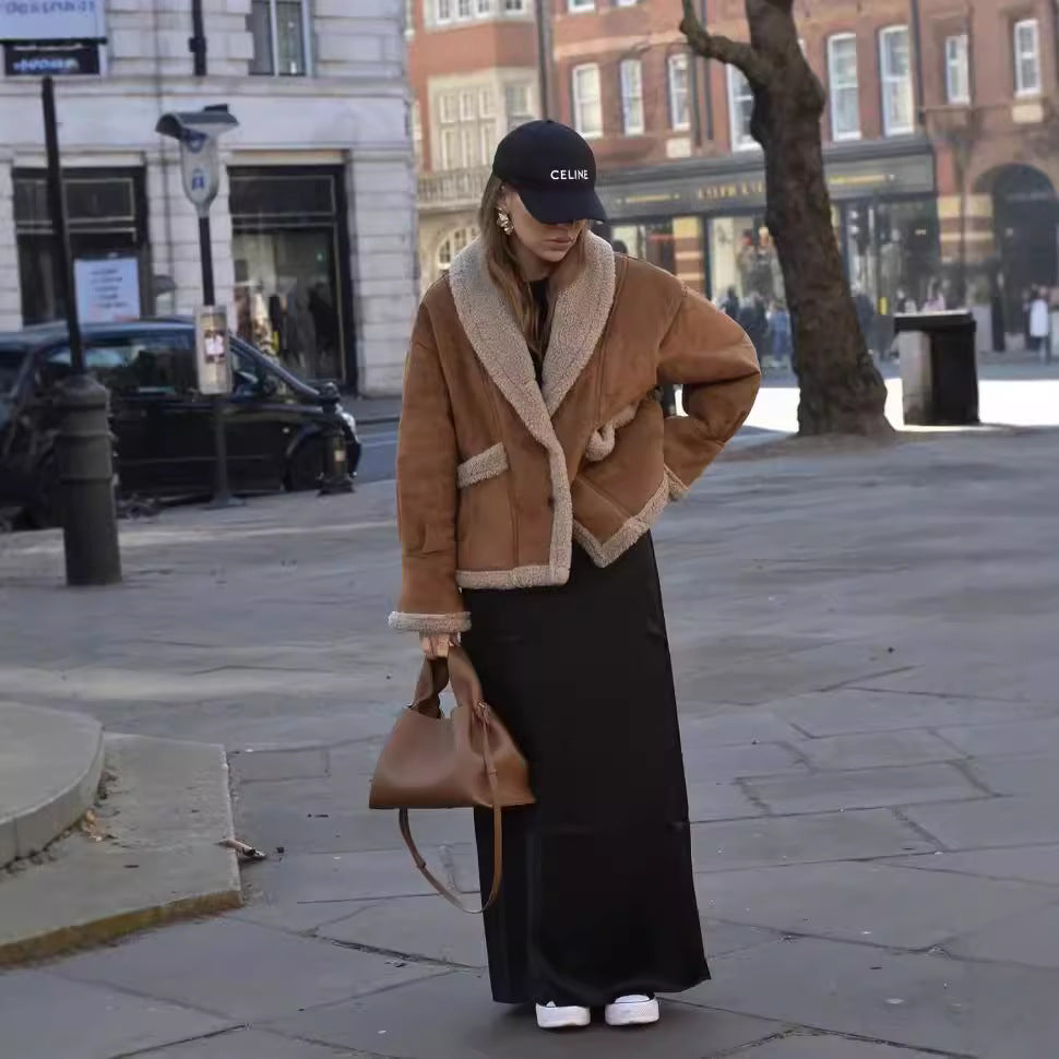 Damen kuschelige Oversized-Jacke mit Teddy-Futter Fudus