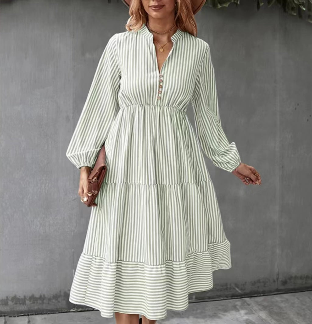 Damen Langärmeliges gestreiftes Kleid mit Knopfleiste Fudus