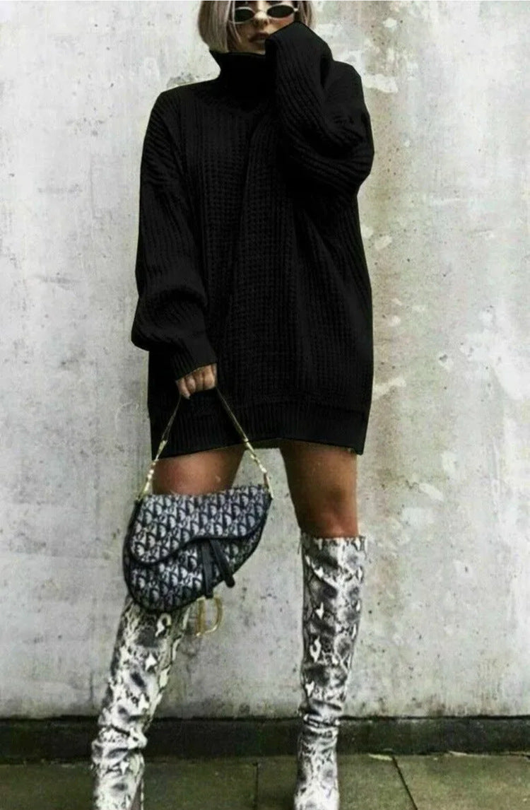 Damen Grobstrickpullover mit hohem Kragen und lockerem Schnitt Fudus