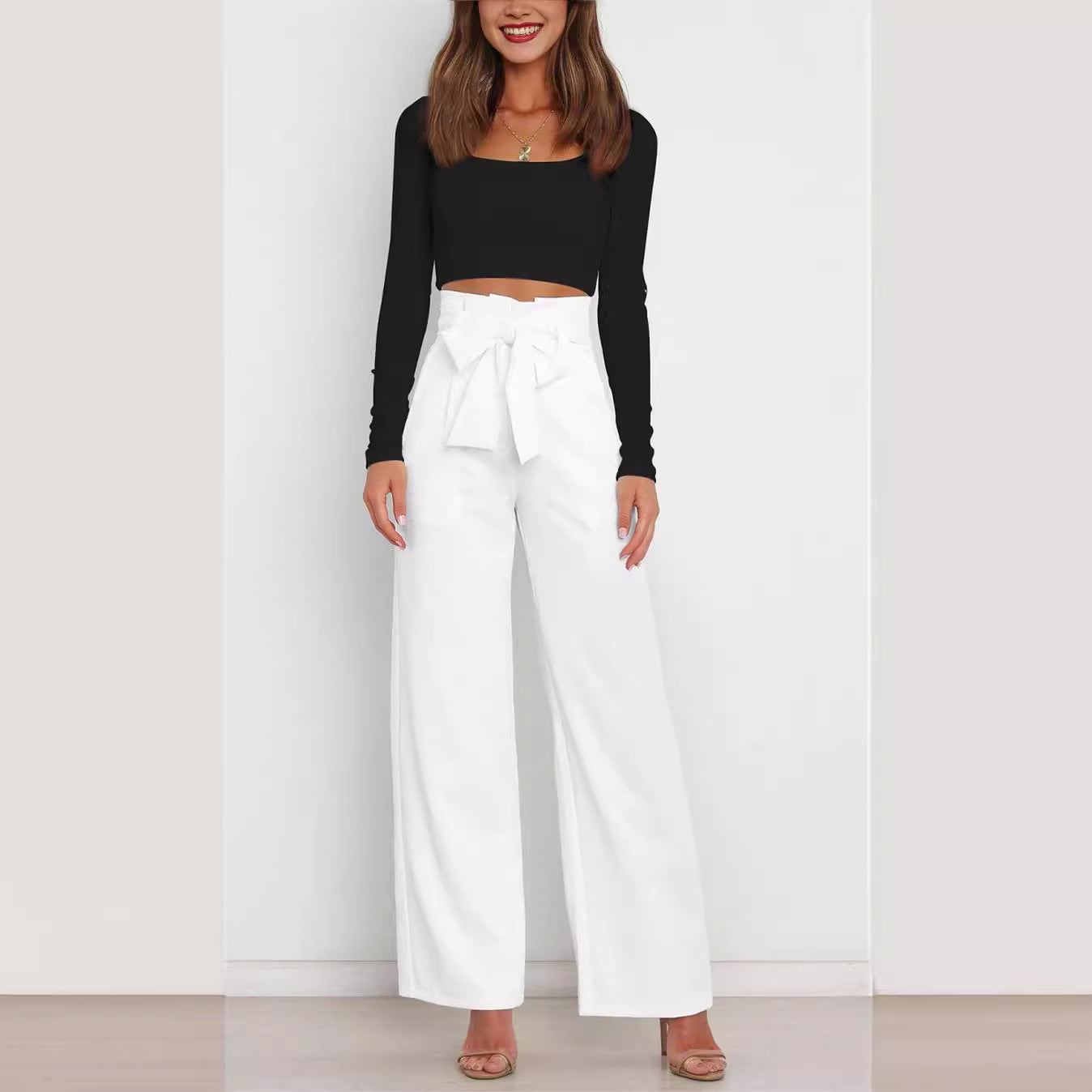 Damen Weite Stoffhose mit Bindegürtel und eleganten Taschen Fudus