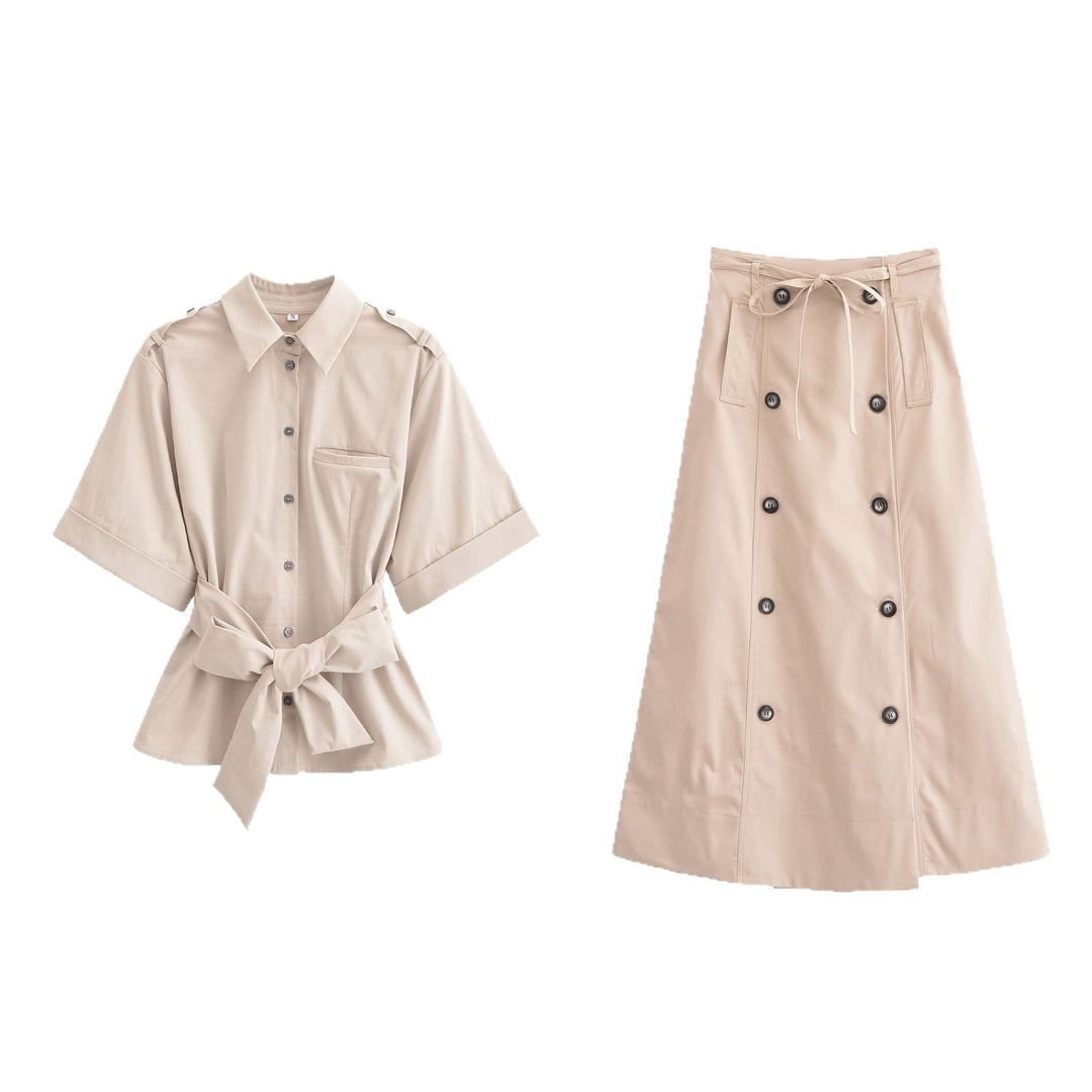 Damen Kurzarmbluse mit taillierbarem Gürtel und praktischem Taschen-Design Fudus