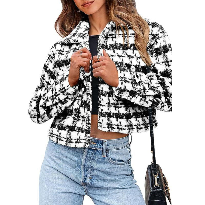 Damen Karierte Cropped Jacke Fudus