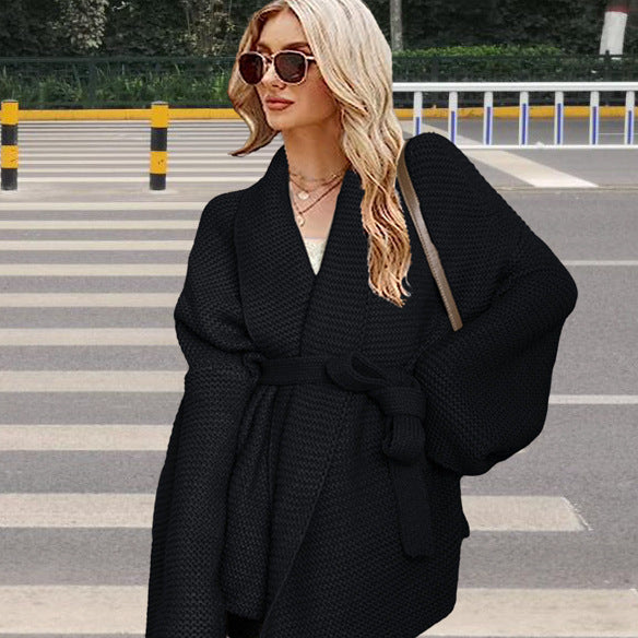 Damen Grobstrick-Wickeljacke mit breitem Schalkragen und bindbarem Gürtel Fudus