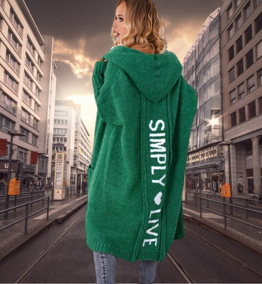 Damen langer Kapuzenmantel mit modischem Schriftzug Fudus