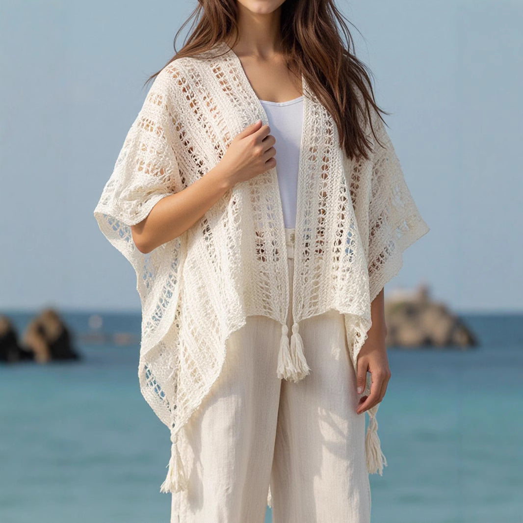 Damen Häkelponcho mit fransigen Säumen Fudus