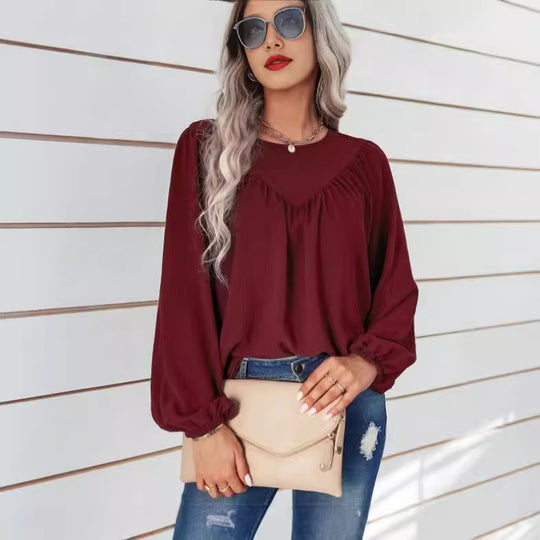 Damen lässige Bluse mit Ballonärmeln und feiner Struktur Fudus