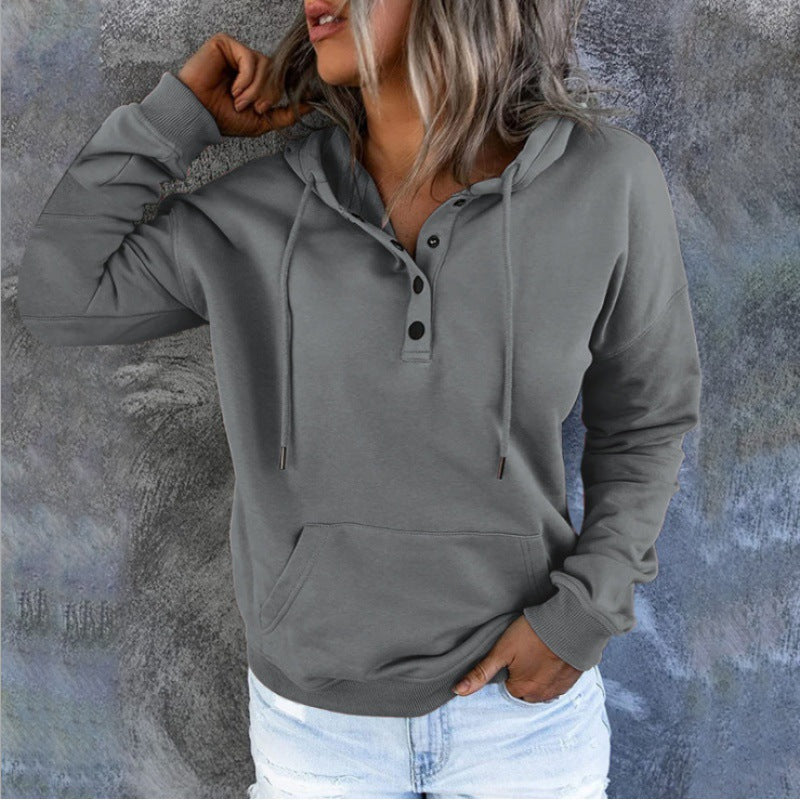 Damen Kapuzenpullover mit Knopfdetails und praktischer Kängurutasche Fudus