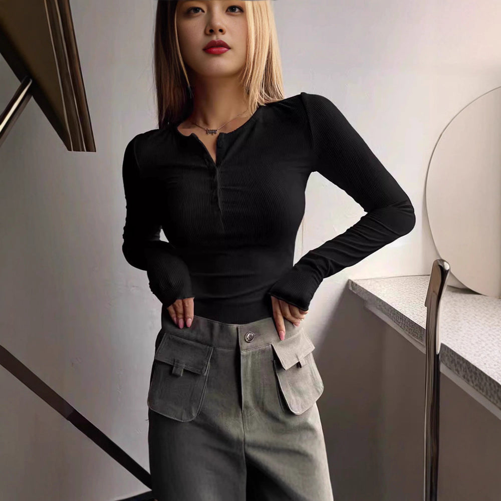 Damen langärmliges T-Shirt mit Knopfleiste und figurbetonter Passform Fudus