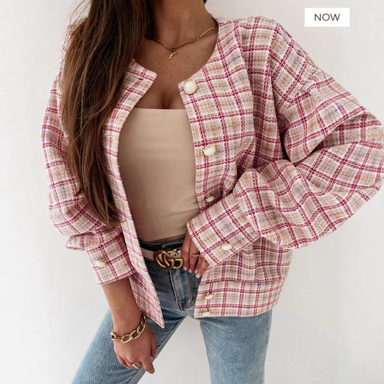 Damen Karierte Bouclé-Jacke Fudus