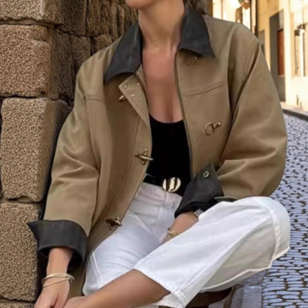 Damen lässige Oversized-Jacke mit kontrastierendem Kragen Fudus