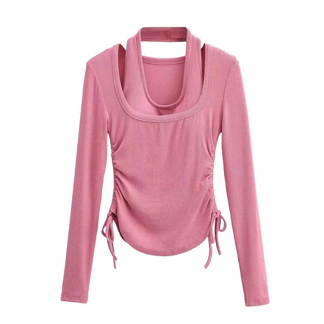 Damen langärmeliges Oberteil mit dekorativem Knoten Fudus