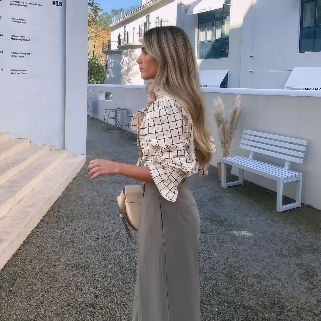 Damen Karierte Bluse mit eleganten Rüschendetails Fudus