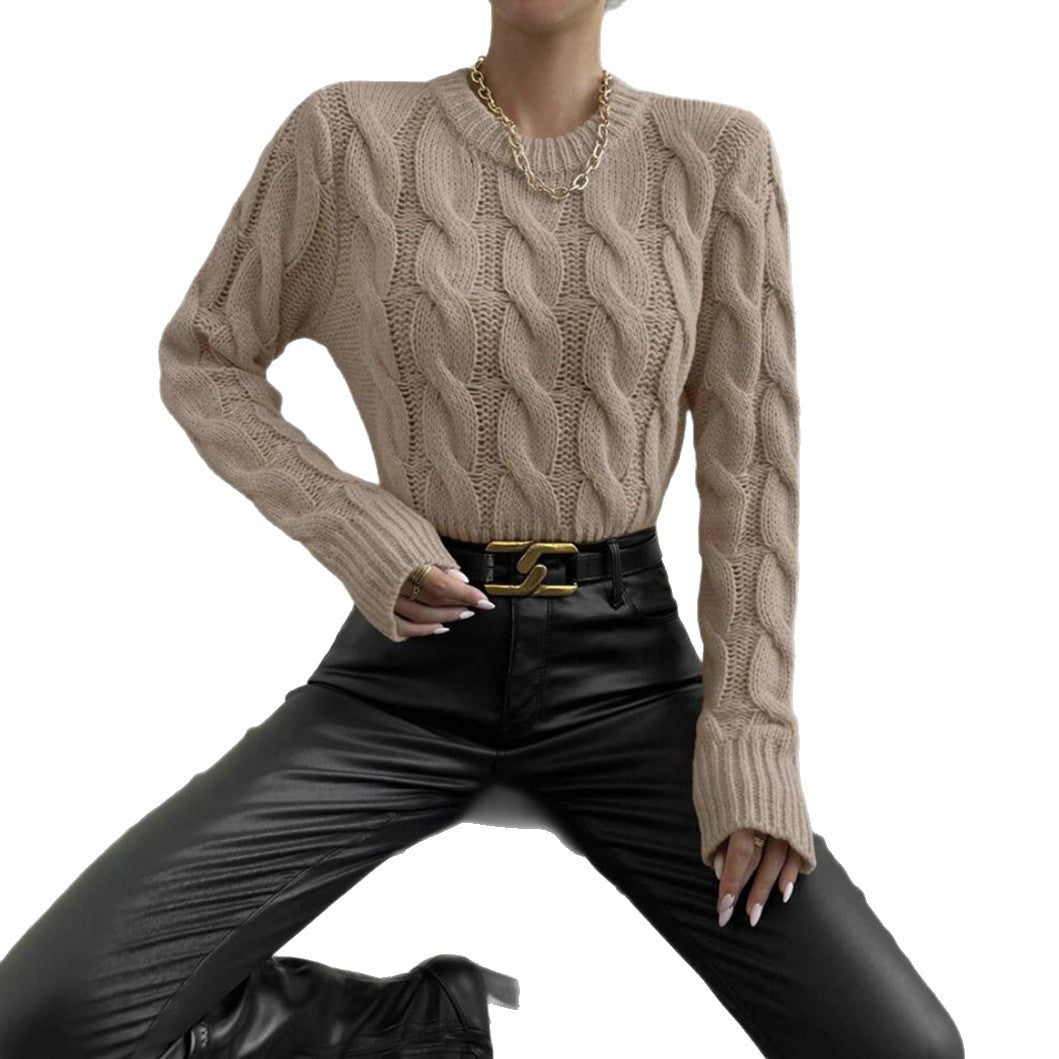 Damen Grobstrickpullover mit Zopf-Muster und hohem Kragen Fudus