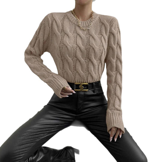 Damen Grobstrickpullover mit Zopf-Muster und hohem Kragen Fudus