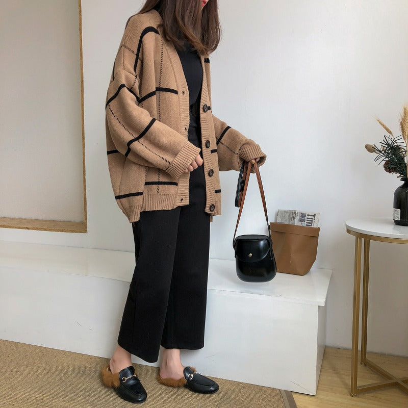 Damen Grobstrickjacke mit modischem Karo-Muster und praktischen Taschen Fudus