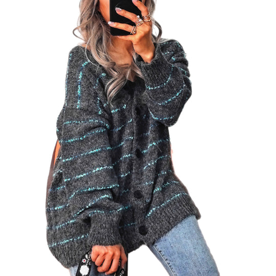 Damen Grobstrickjacke mit modischen Kontraststreifen und eleganten Knopfdetails Fudus