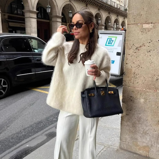 Damen kuscheliger Feinstrickpullover mit Rundhalsausschnitt und lässigem Schnitt Fudus