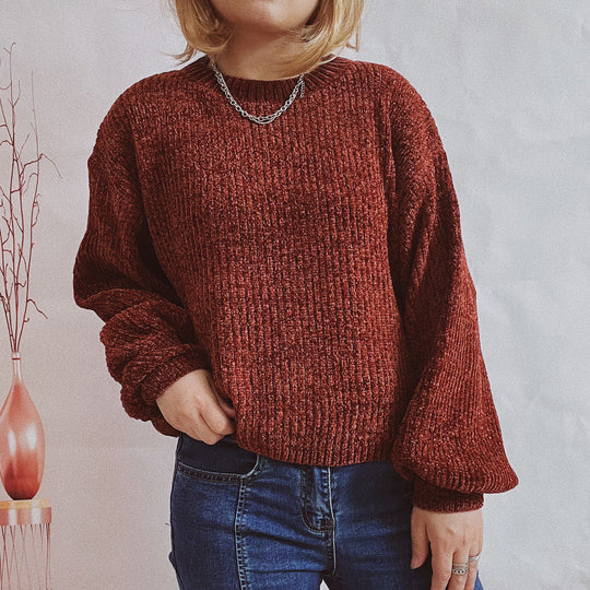 Damen Grobstrickpullover mit romantischem Rippenmuster und weiten Ärmeln Fudus