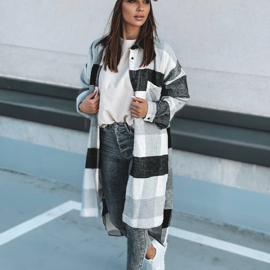 Damen Karierte Hemdblusenshirt mit längerem Schnitt Fudus