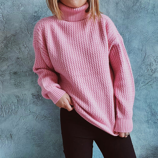 Damen Grobstrickpullover mit strukturiertem Muster und hohem Kragen Fudus