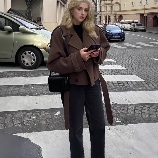 Damen modischer cropped Mantel mit breitem Revers und oversized Schnitt Fudus