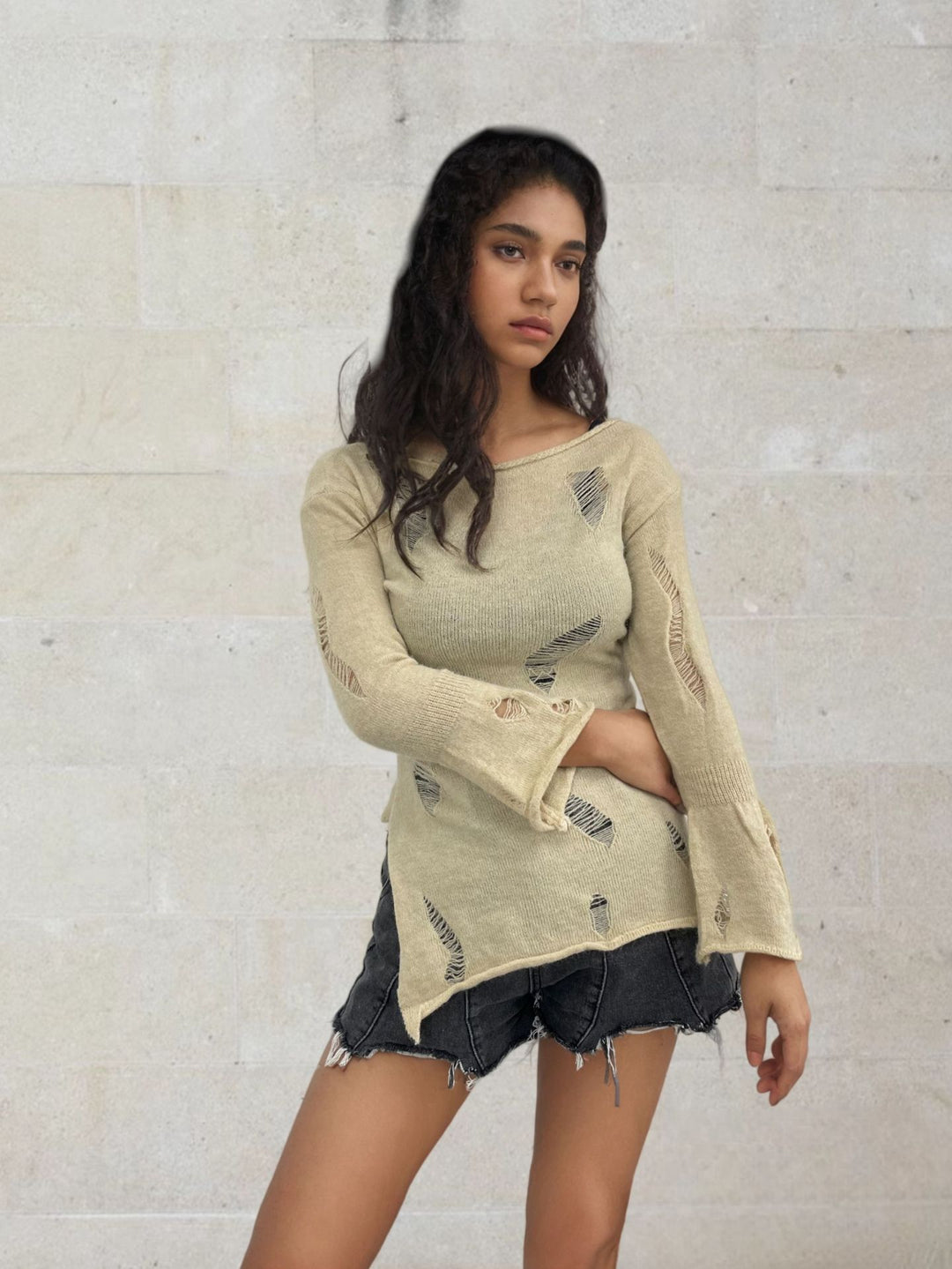 Damen modischer Lockere Pullover mit Lochmuster Fudus