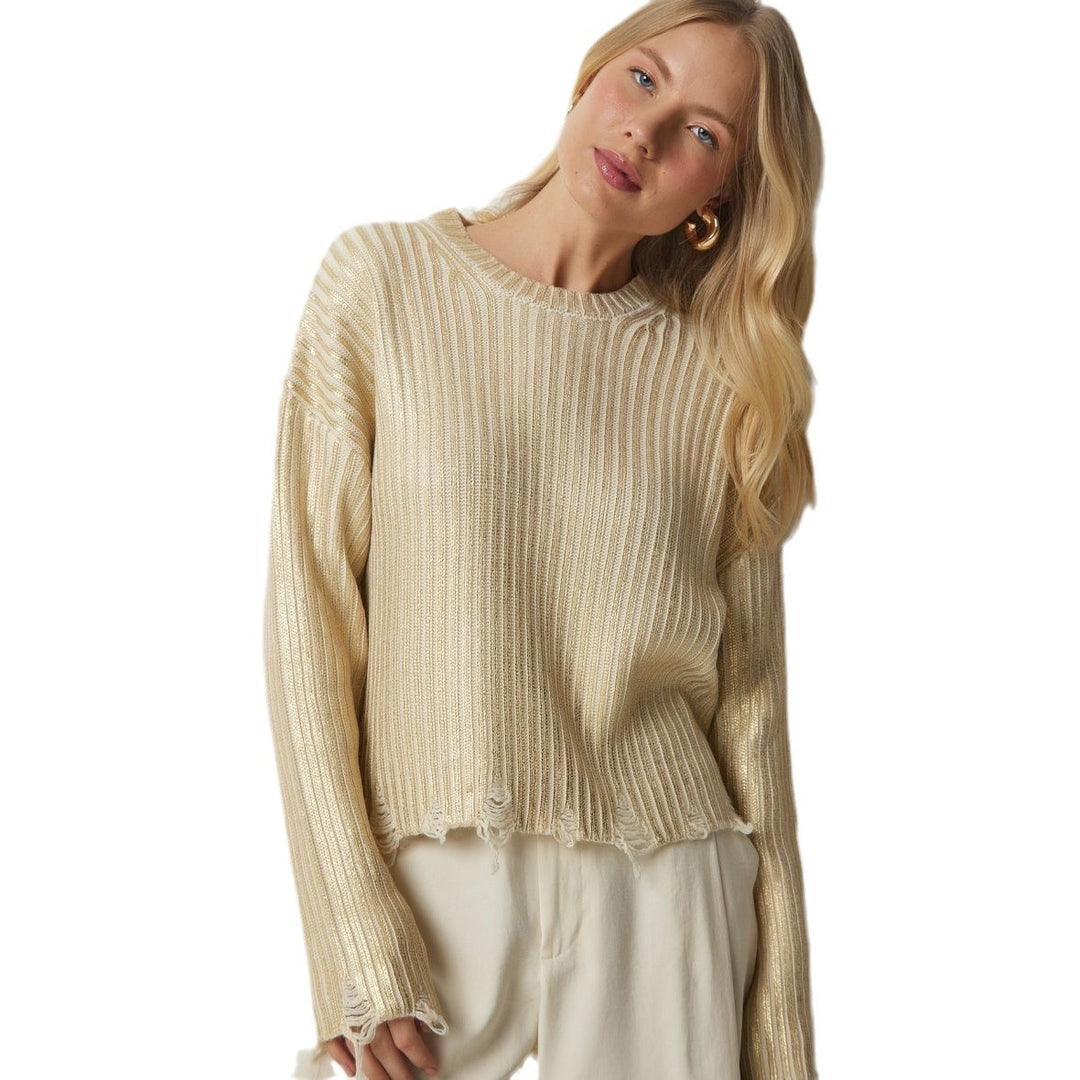 Damen modischer cropped Strickpullover mit einzigartigen Fransen Fudus