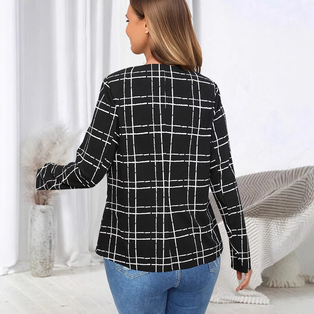 Damen lässige Blazerjacke mit Karo-Muster und Taschen Fudus