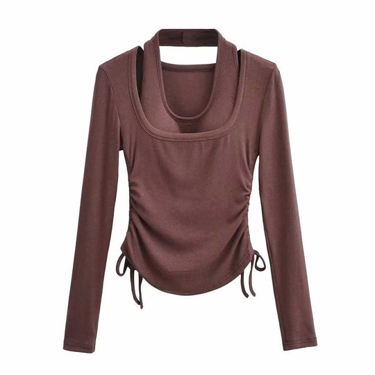 Damen langärmeliges Oberteil mit dekorativem Knoten Fudus