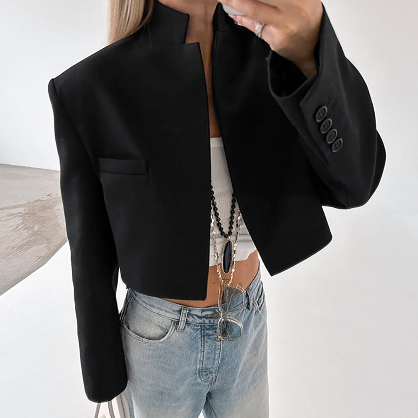 Damen Kurzer Blazer mit Stehkragen und Taschen Fudus