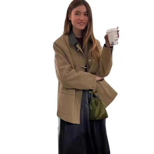 Damen lässige Oversized-Jacke mit kontrastierendem Kragen Fudus