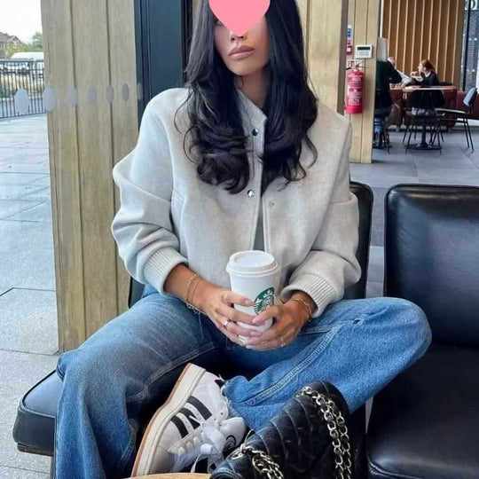 Damen lässige Bomberjacke mit Druckknopfverschluss und weichen Taschen Fudus