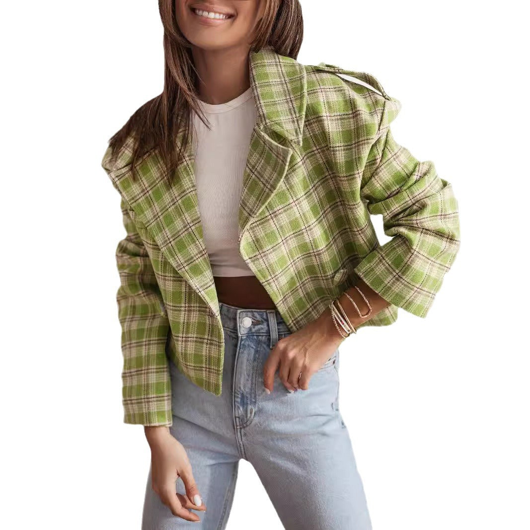 Damen Kurzjacke mit kariertem Muster und weichem Fleece Fudus