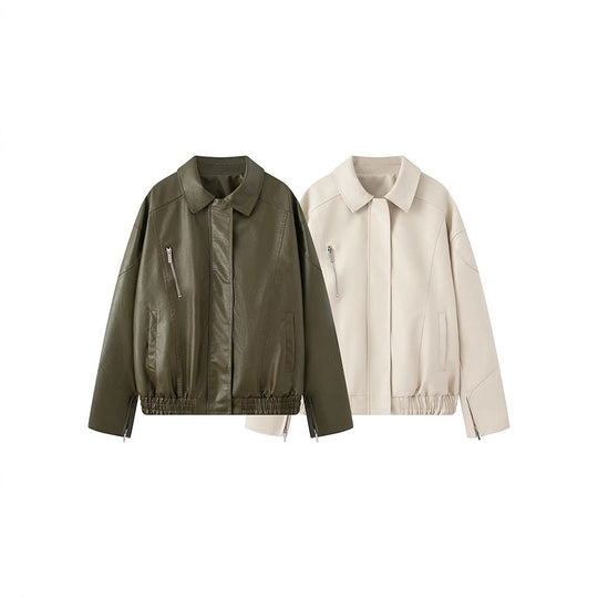 Damen Kunstlederjacke mit angesagtem Stehkragen und praktischen Reißverschlusstaschen Fudus