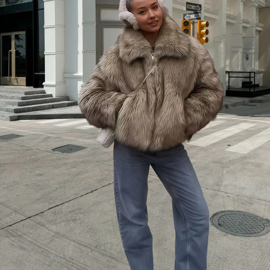 Damen Kunstfelljacke mit voluminösen Ärmeln und elegantem Schnitt Fudus