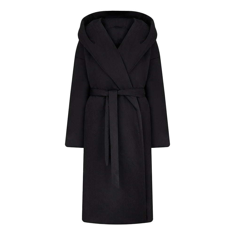 Damen Langmantel mit breitem Kragen und Taillengürtel Fudus