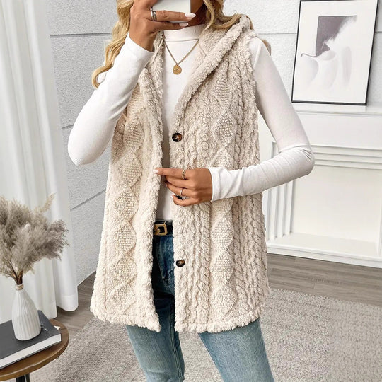 Damen kuschelige Strickweste mit Kapuze und Knopfverschluss Fudus