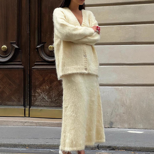 Damen kuschelige Strickjacke und Wadenlanger Rock Set Fudus