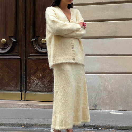 Damen kuschelige Strickjacke und Wadenlanger Rock Set Fudus