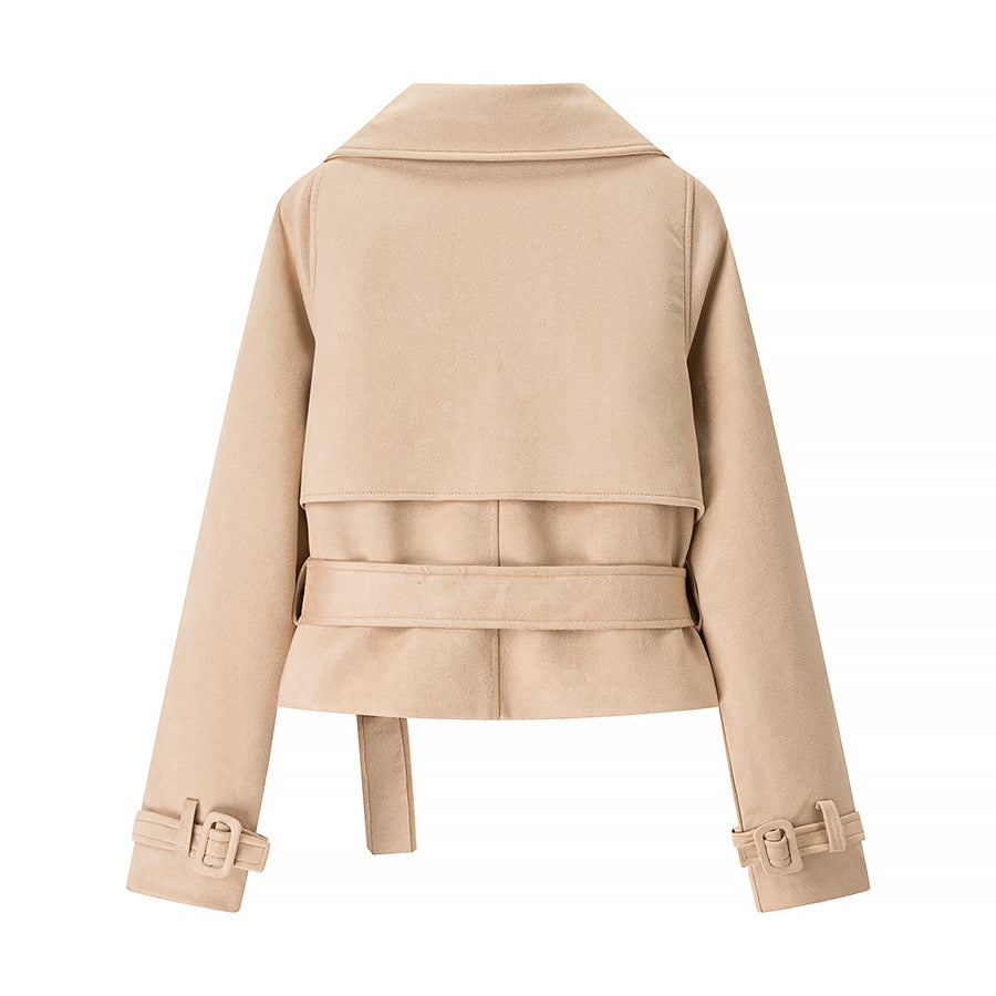 Damen Kunstlederjacke mit breitem Revers und taillierbarem Gürtel Fudus