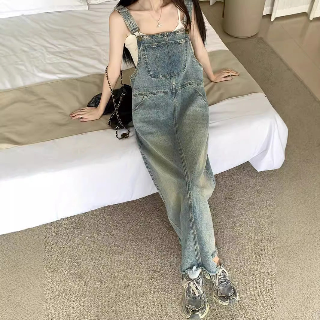 Damen Langer Denim-Overall mit Verstellbaren Trägern & Tiefen Taschen