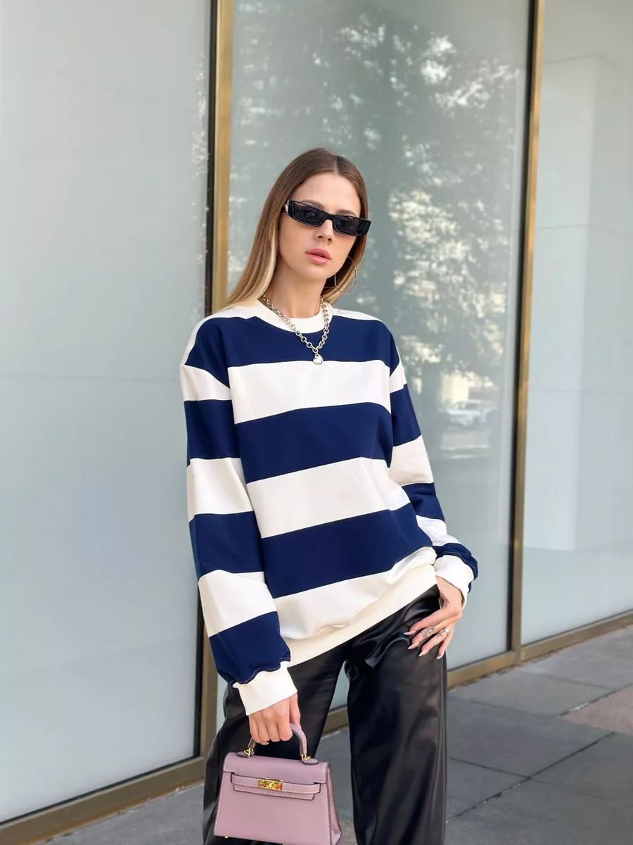 Damen gestreifter Langarm-Pullover mit weitem Schnitt Fudus