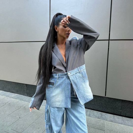 Damen Modischer Denim-Blazer mit asymmetrischem Schnitt Fudus