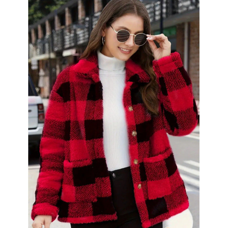 Damen kuschelige Plüschjacke mit Karomuster Fudus