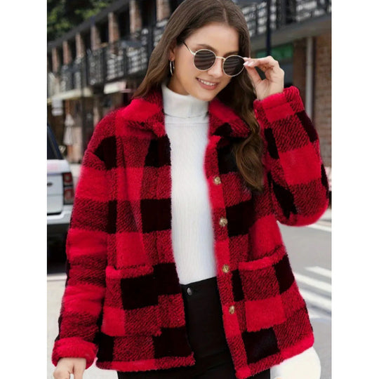 Damen kuschelige Plüschjacke mit Karomuster Fudus