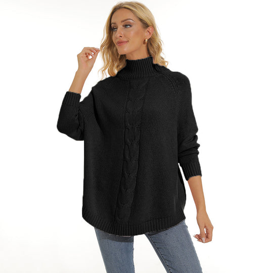 Damen Grobstrickpullover mit hohem Kragen und modernem Zopfmuster Fudus